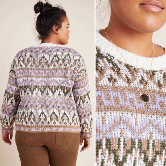 Anthropologie Fabiana Alpaca Wool Blend Fair Isle Knit Cropped Length Sweater - Picture 3 of 14